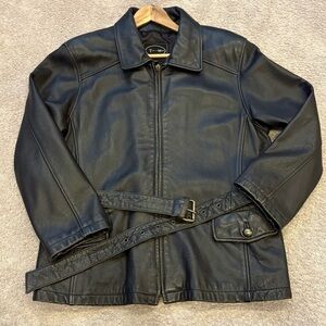 VTG 90s Tannery West Leather Black Brown Belt Collar Zip Jacket Coat Women  XL
